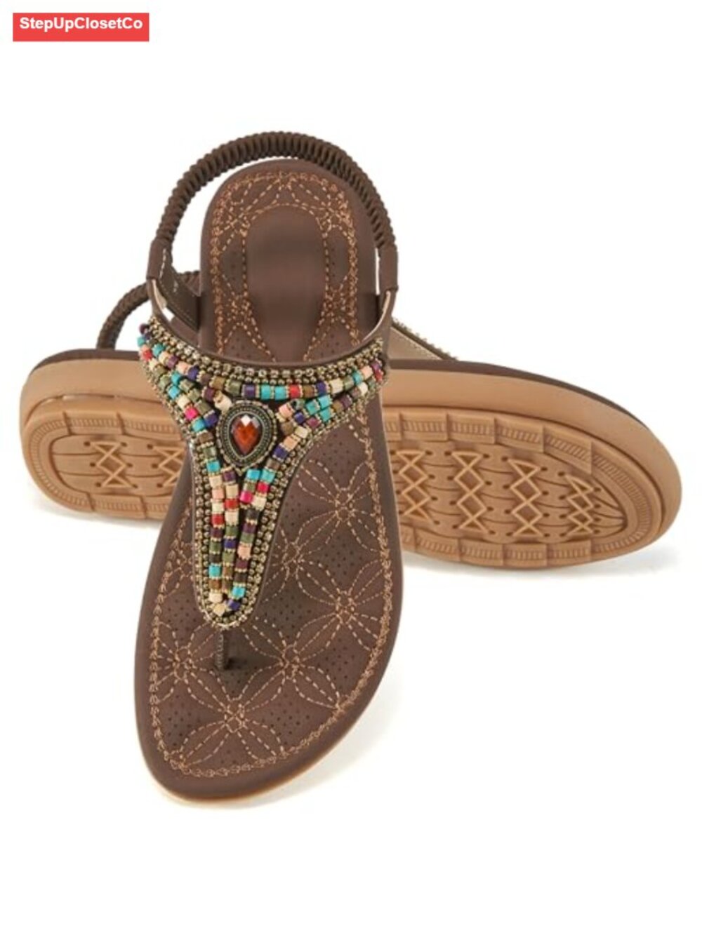 Boho Beaded Flat Sandals with Cushioned Footbed and Non-Slip Sole